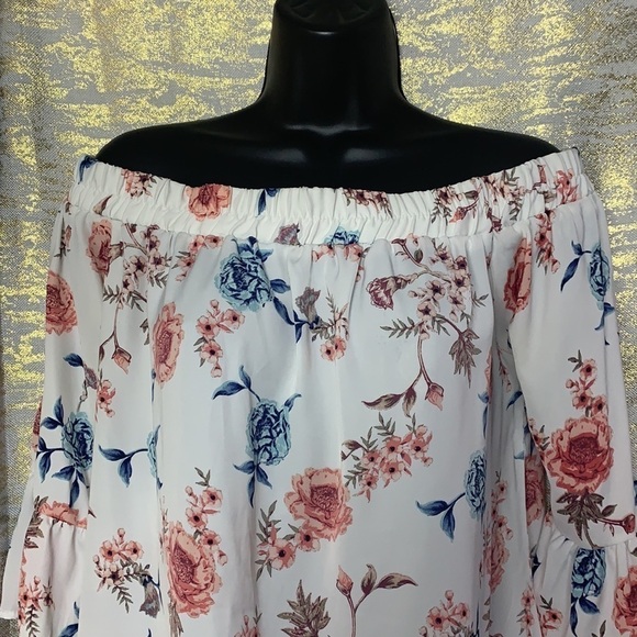 Ardene White Floral Print Bell Sleeve Off The Shoulder Blouse Size M - Picture 3 of 13